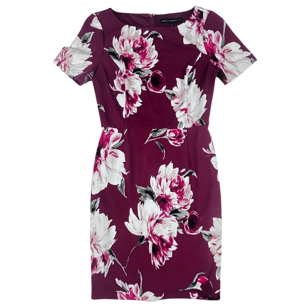 White House Black Market Burgundy Floral Sheath Dress Short Sleeve Boat Neck 6